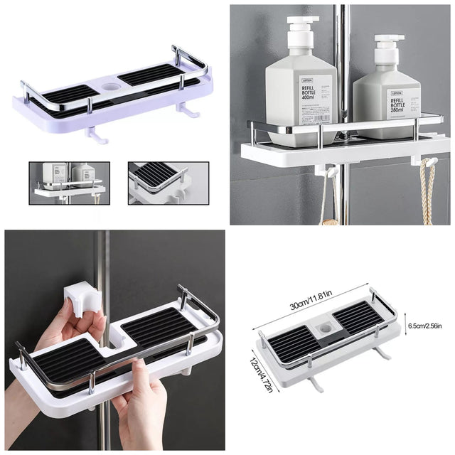 Shower Shelf Home Bathroom Storage | No Holes Lift Bracket & Rod Tray