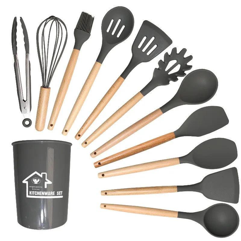 Silicone Kitchenware Set with Wooden Handles Utensil Kitchen Utensil Sets