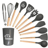 Silicone Kitchenware Set with Wooden Handles Utensil Kitchen Utensil Sets