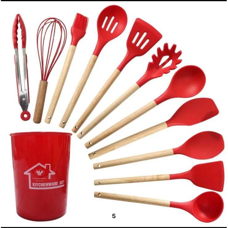 Silicone Kitchenware Set with Wooden Handles Utensil Kitchen Utensil Sets