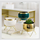 Simple Creative Succulent Planter – Ceramic Pot with Gold Frame, Includes Artificial Flower and White Stones, Available in Green, Gold, and White