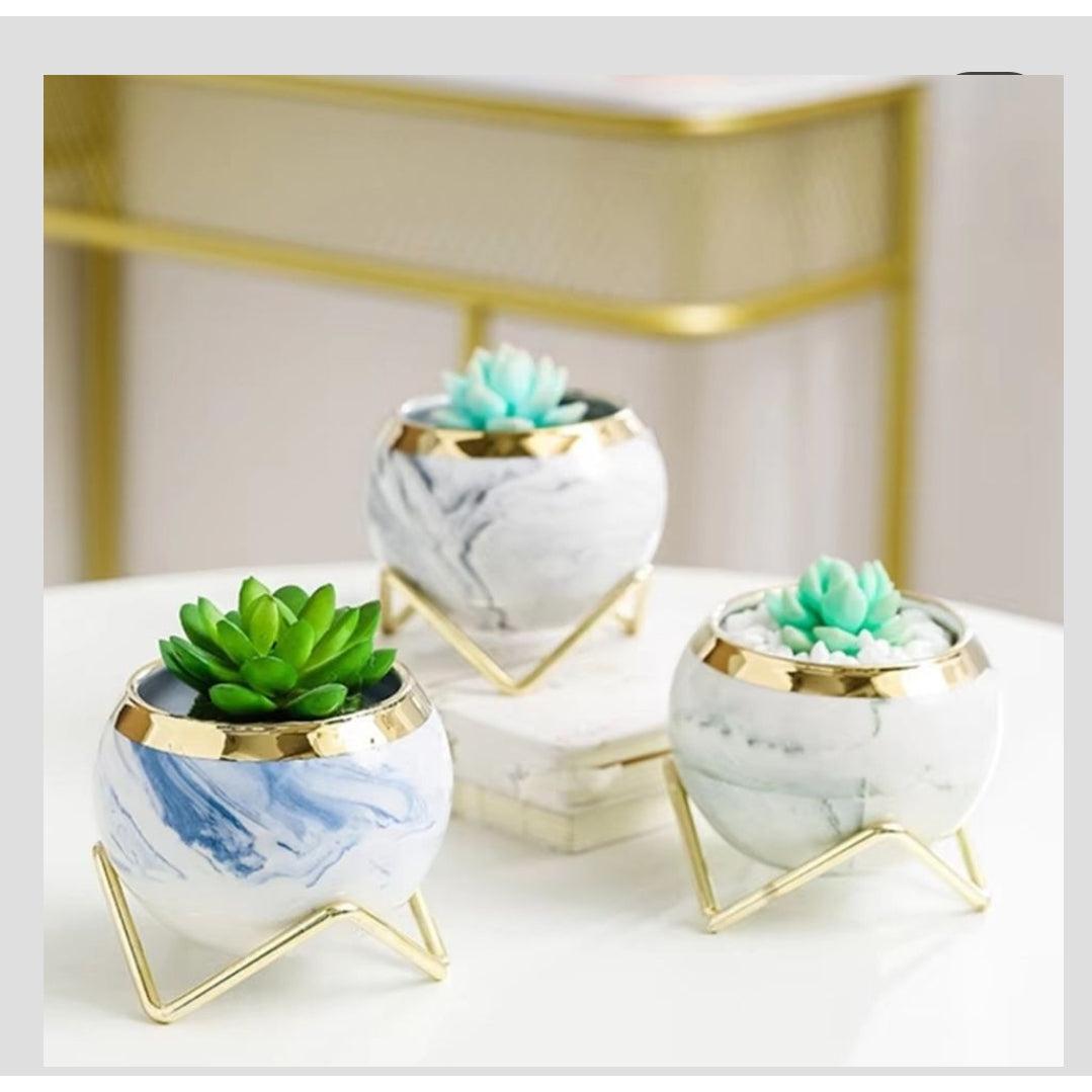 Simple Creative Succulent Planter – Ceramic Pot with Gold Frame, Includes Artificial Flower and White Stones, Available in Green, Gold, and White