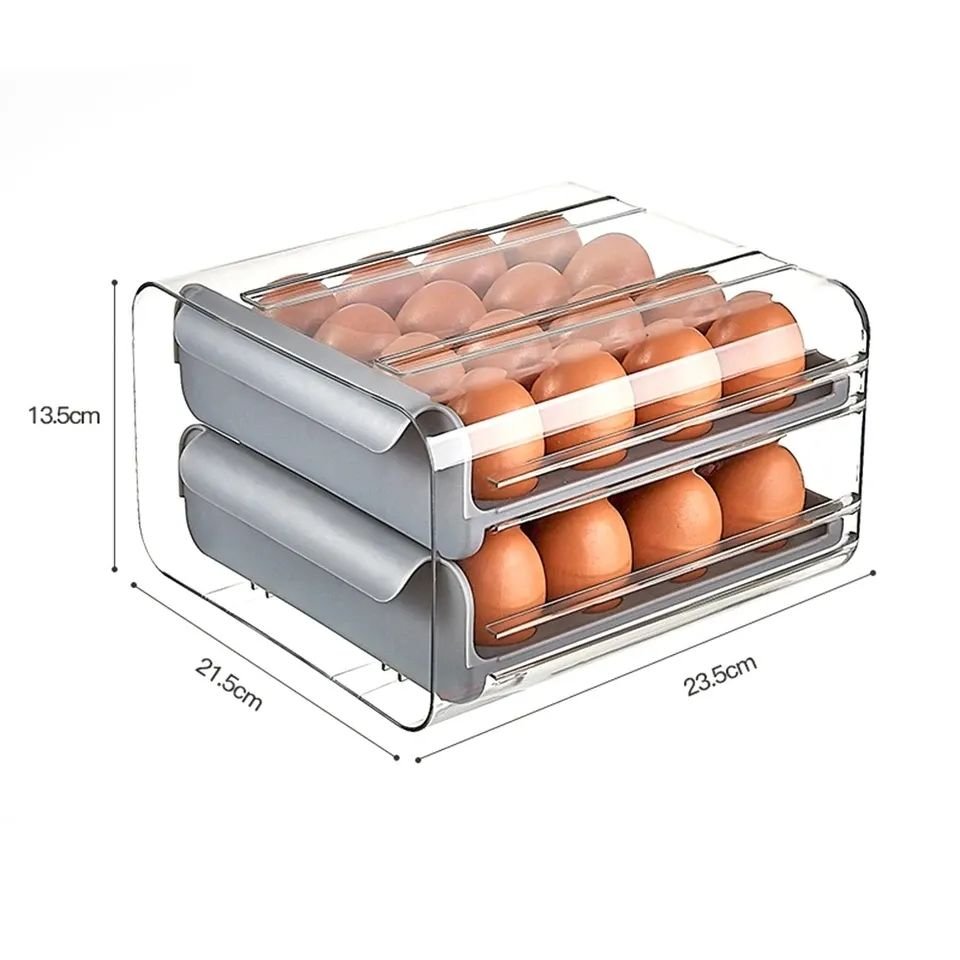 Drawer-Type Egg Storage Box – 32-Grid Transparent Plastic Egg Holder, Double-Layer Dumpling Box for Refrigerator