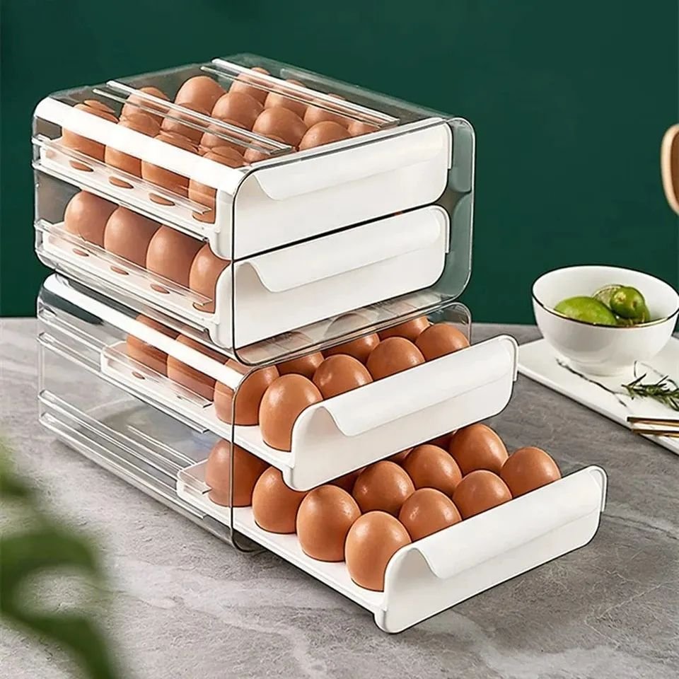 Drawer-Type Egg Storage Box – 32-Grid Transparent Plastic Egg Holder, Double-Layer Dumpling Box for Refrigerator