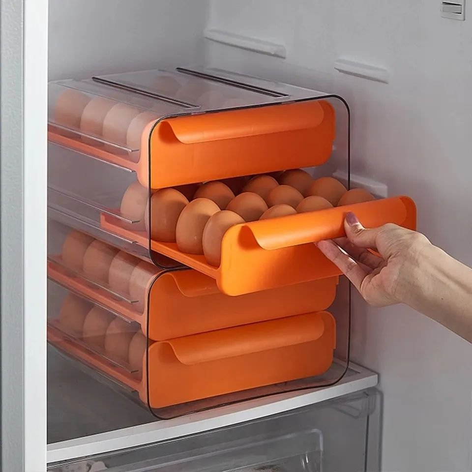 Drawer-Type Egg Storage Box – 32-Grid Transparent Plastic Egg Holder, Double-Layer Dumpling Box for Refrigerator