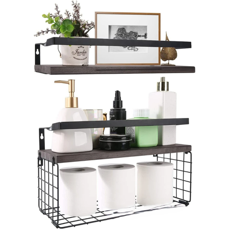 Solid Pine Wood Floating Bathroom Shelves 40cm Modern Wall mounted Storage Available in Grey