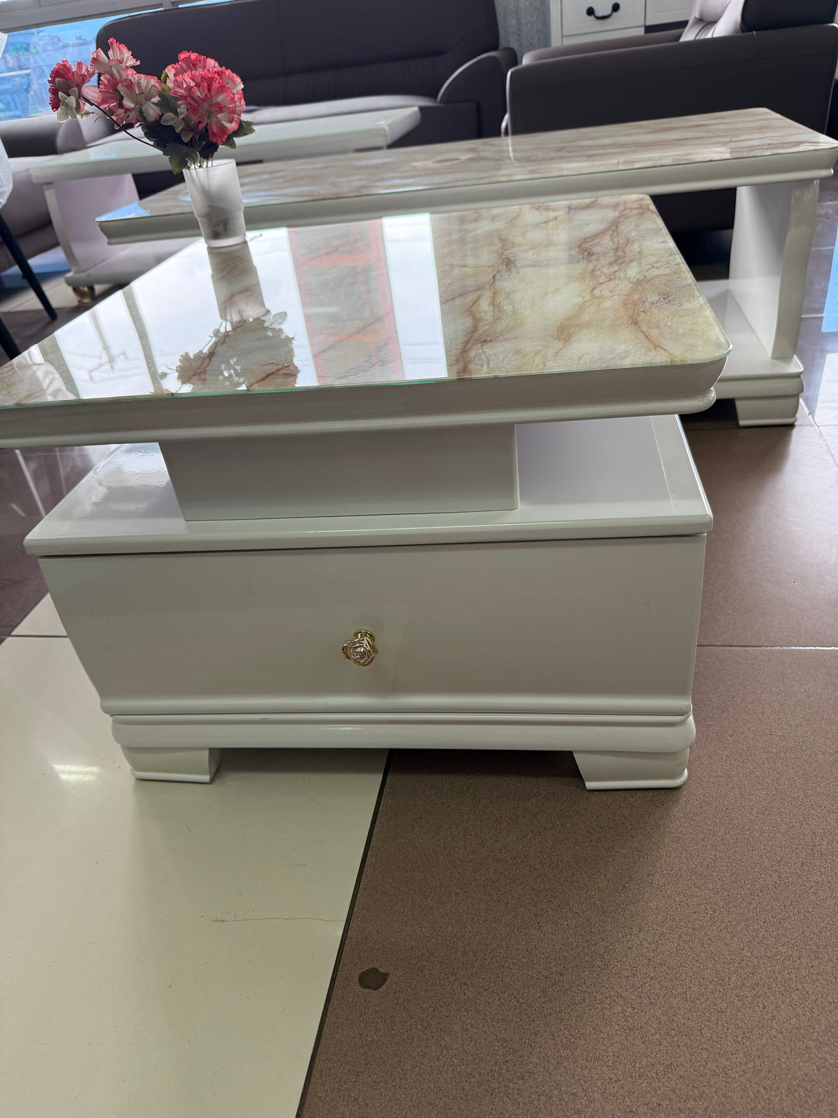 Square Coffee Table with Dual Drawers – Marble Glass Top, Gold Handles, White Frame (60x60x44cm)