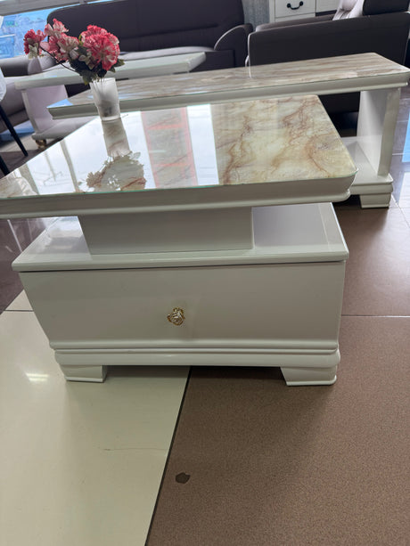 Square Coffee Table with Dual Drawers – Marble Glass Top, Gold Handles, White Frame (60x60x44cm)