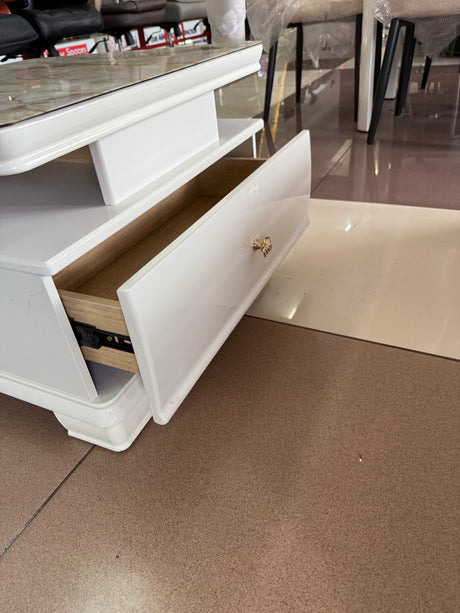 Square Coffee Table with Dual Drawers – Marble Glass Top, Gold Handles, White Frame (60x60x44cm)