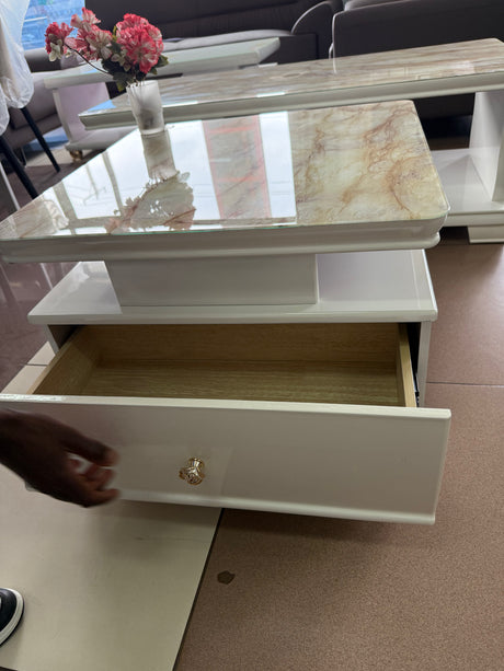 Square Coffee Table with Dual Drawers – Marble Glass Top, Gold Handles, White Frame (60x60x44cm)