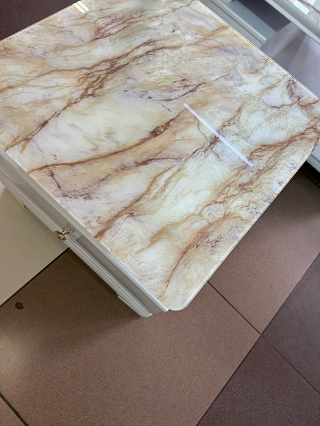 Square Coffee Table with Dual Drawers – Marble Glass Top, Gold Handles, White Frame (60x60x44cm)