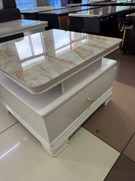 Square Coffee Table with Dual Drawers – Marble Glass Top, Gold Handles, White Frame (60x60x44cm)