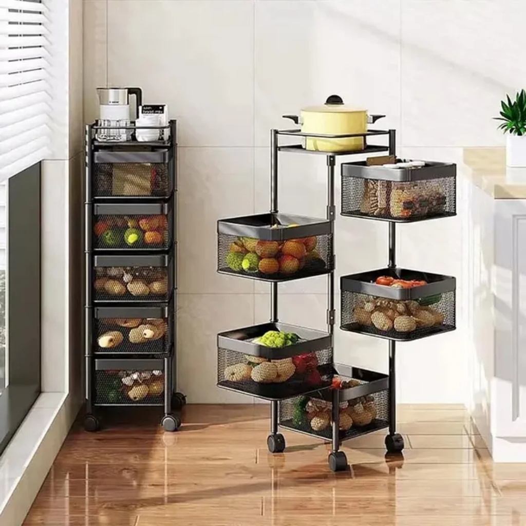 Square Fruit Rack with Wheels 5 Tier Mobile Storage Organizer Kitchen Rack Kitchen Organizers