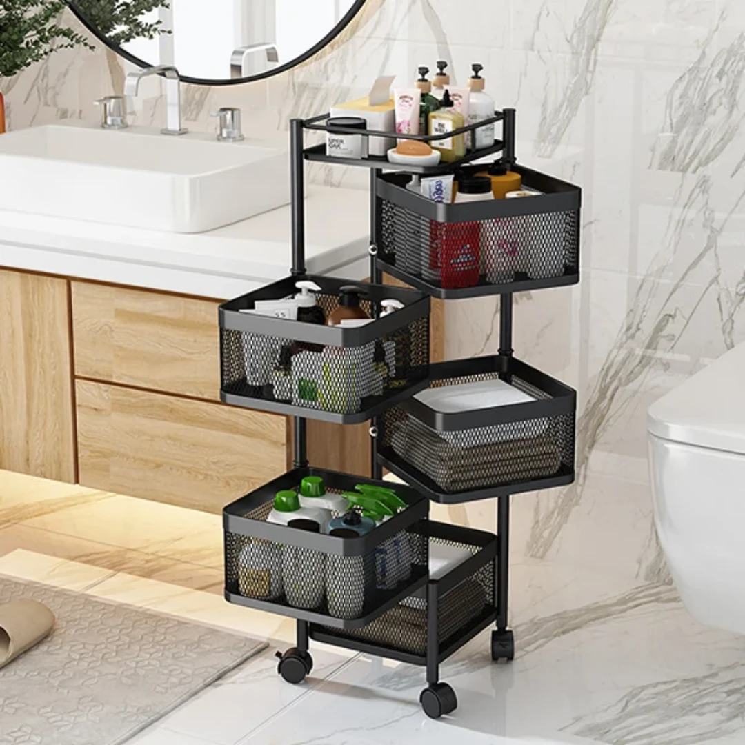 Square Fruit Rack with Wheels 5 Tier Mobile Storage Organizer Kitchen Rack Kitchen Organizers
