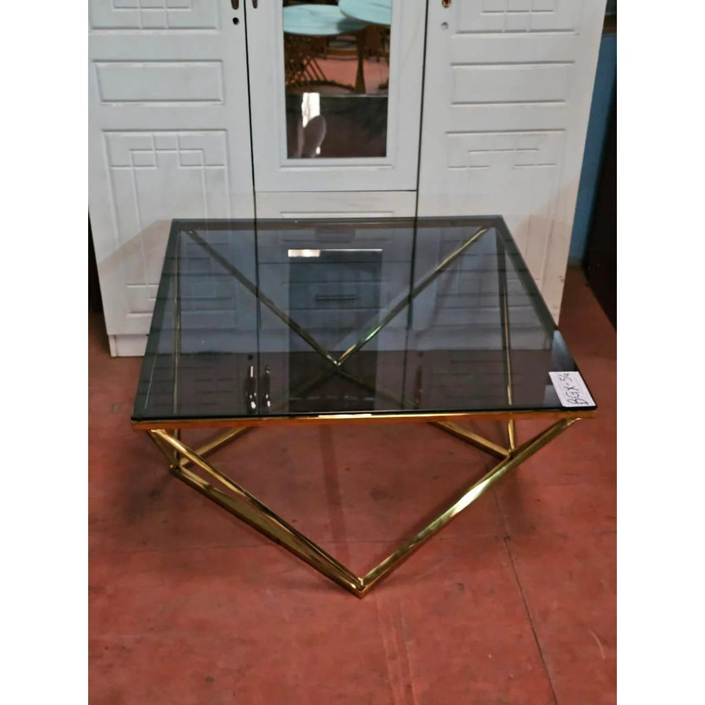 Square Glass Coffee Table – Black Tempered Top with Geometric Gold Metal Base Coffee Tables