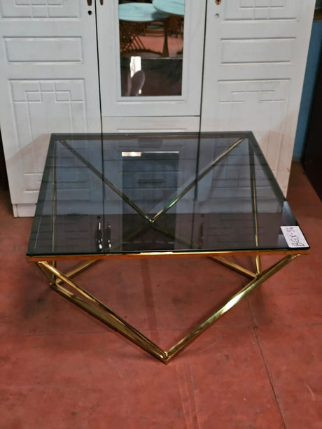 Square Glass Coffee Table – Black Tempered Top with Geometric Gold Metal Base
