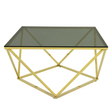 Square Glass Coffee Table – Black Tempered Top with Geometric Gold Metal Base