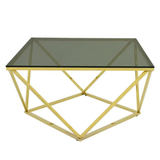Square Glass Coffee Table – Black Tempered Top with Geometric Gold Metal Base