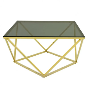 Square Glass Coffee Table – Black Tempered Top with Geometric Gold Metal Base