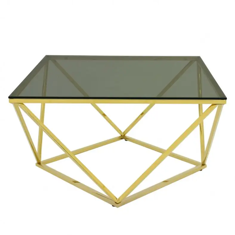 Square Glass Coffee Table – Black Tempered Top with Geometric Gold Metal Base