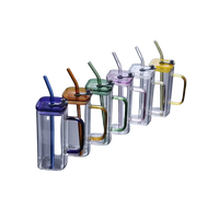 Square Glass Drinking Cups | Clear with Colored Handle and Acrylic Lid tableware Drinkware Sets