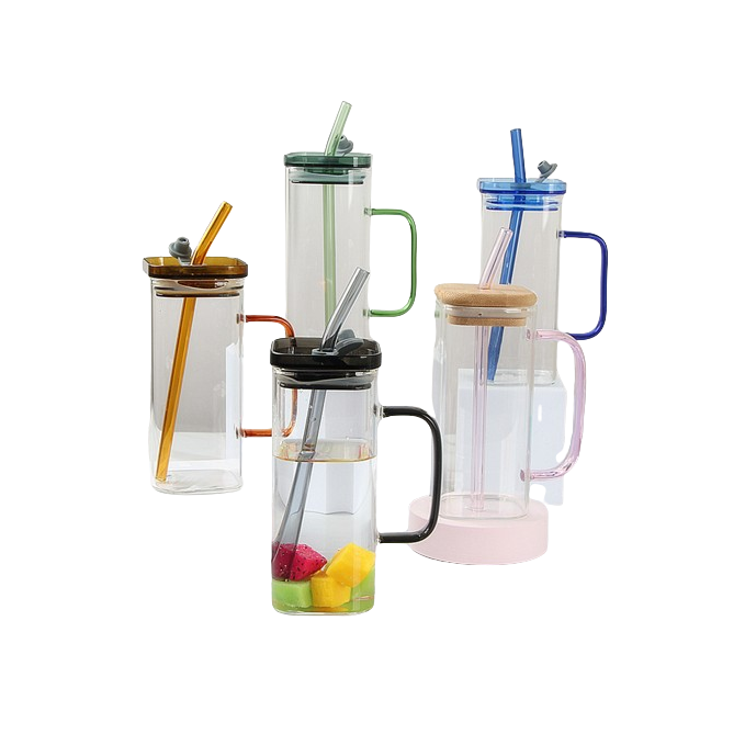 Square Glass Drinking Cups | Clear with Colored Handle and Acrylic Lid tableware Drinkware Sets