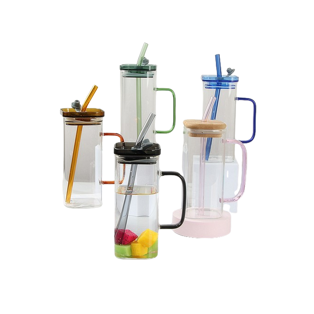 Square Glass Drinking Cups | Clear with Colored Handle and Acrylic Lid tableware Drinkware Sets
