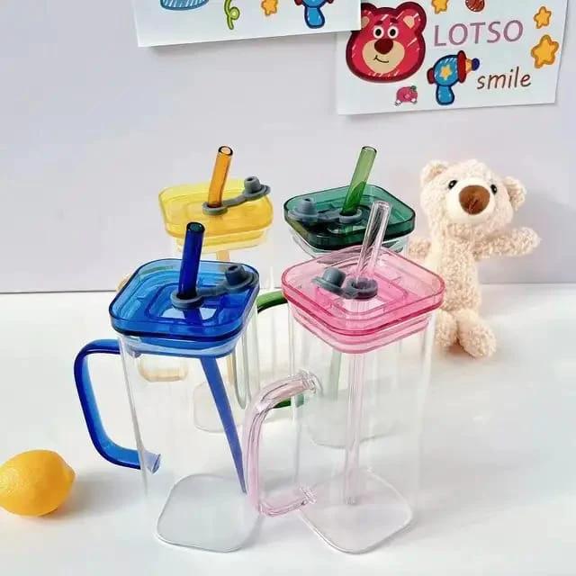 Square Glass with Colored Handle Layer Drinking Glass Cups with Straw & Acrylic Lid Perfect for Soda Iced Coffee Milk Bubble Tea & Water Tableware Drinkware Sets