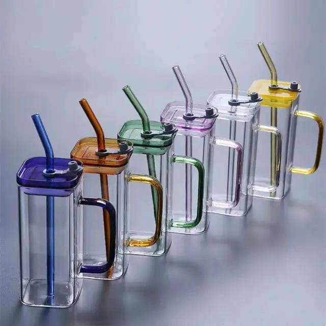 Square Glass with Colored Handle Layer Drinking Glass Cups with Straw & Acrylic Lid Perfect for Soda Iced Coffee Milk Bubble Tea & Water Tableware Drinkware Sets