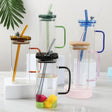 Square Glass with Colored Handle Layer Drinking Glass Cups with Straw & Acrylic Lid Perfect for Soda Iced Coffee Milk Bubble Tea & Water Tableware Drinkware Sets