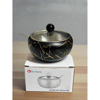 Stainless Steel 440ml Capacity Sugar Dish with Matching Lid & Spoon | Sugar Pot | Spice Jar| Kitchen Storage | Black Storage Containers Sugar Caddies