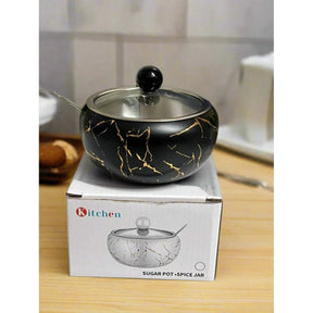 Stainless Steel 440ml Capacity Sugar Dish with Matching Lid & Spoon | Sugar Pot | Spice Jar| Kitchen Storage | Black Storage Containers Sugar Caddies