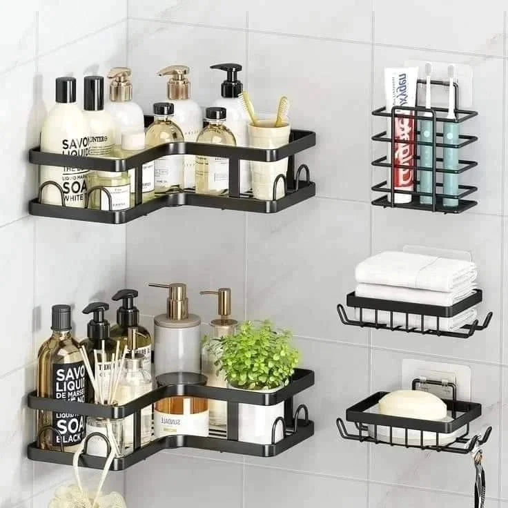 Stainless Steel Space Saving 5pc Bathroom Organizer Set Shower Caddies & Soap Holders Bathroom Storage Bathroom Accessories