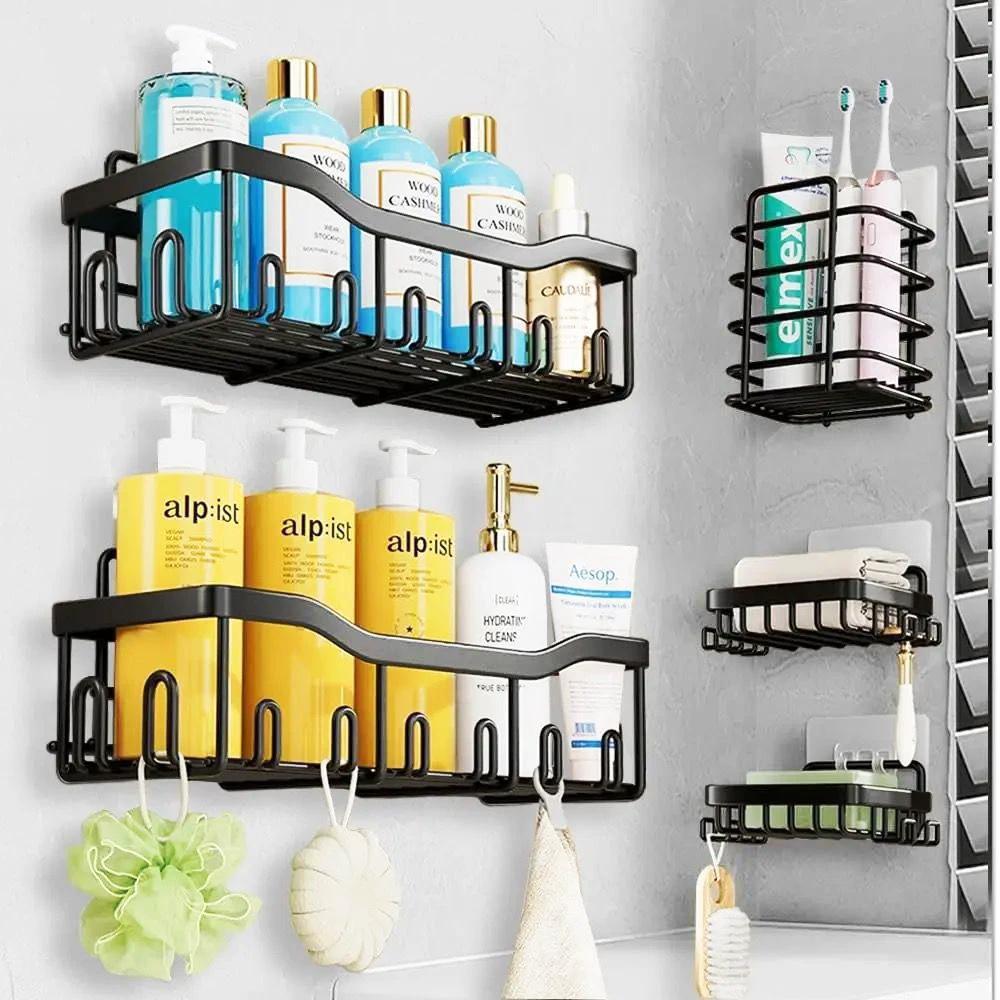 Stainless Steel Space Saving 5pc Bathroom Organizer Set Shower Caddies & Soap Holders Bathroom Storage Bathroom Accessories