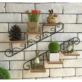 Staircase Wall Hanging Flower Shelf Wrought Iron & Wood, Modern Design for Living Room, Office, and Corridor Decor