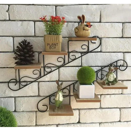 Staircase Wall Hanging Flower Shelf Wrought Iron & Wood, Modern Design for Living Room, Office, and Corridor Decor
