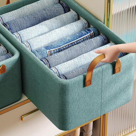 Steel Frame Foldable Durable Non-Woven Fabric Storage Box| Home Office Storage| Bedroom | Living Room Closet Organizer| Wardrobe Clothing Organizer for Jeans Pants Socks Shirts Underwear Sweaters 47cm x 28cm x 20cm, Green, Grey
