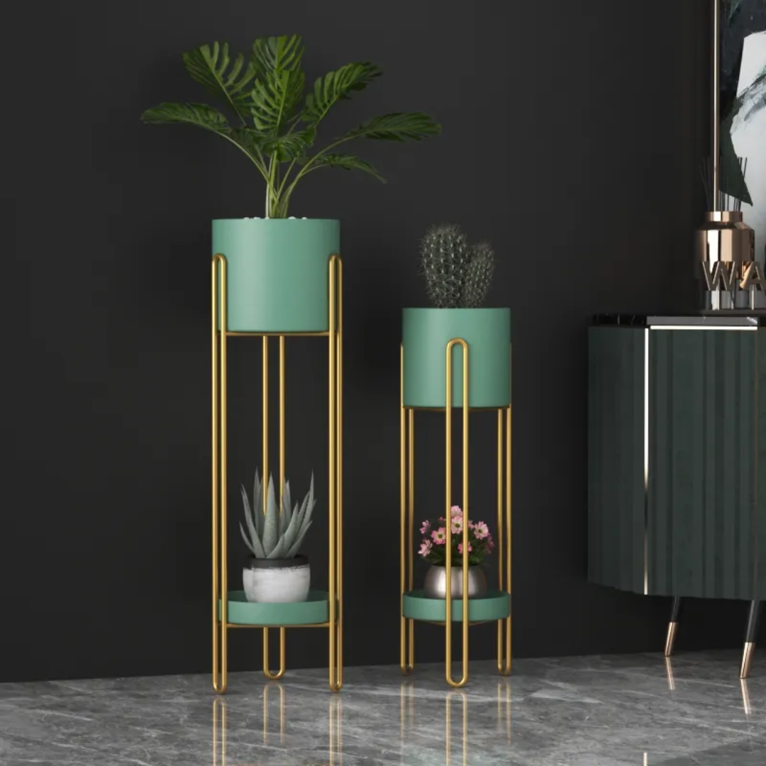 Stylish Planter Set with Gold Stand Versatile Indoor Outdoor Planters for Succulents, Herbs, and Small Plants
