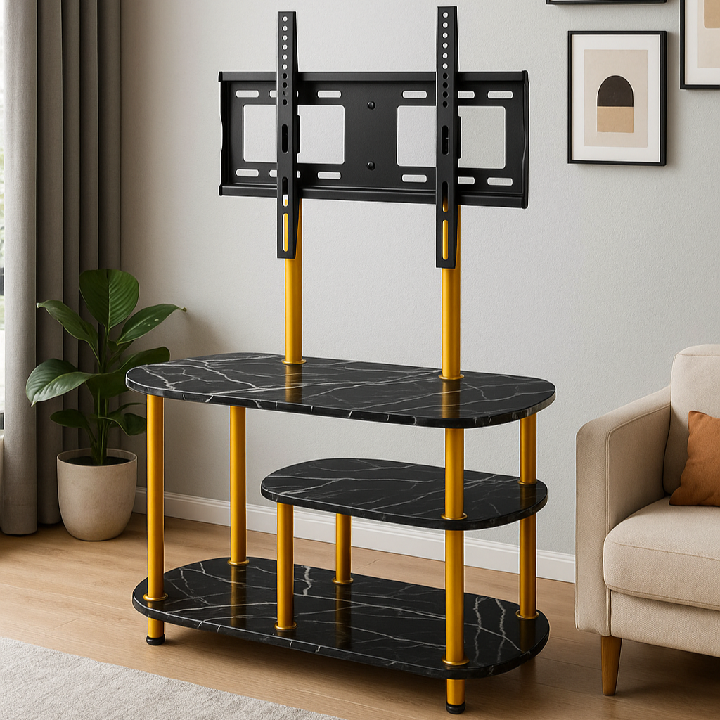 TV600 Black Marble-Look TV Stand Multi Tier Shelf with Mount & Gold Frame