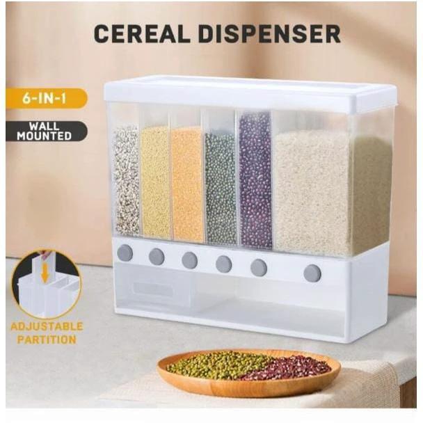 Transparent Cereal Dispenser Partitioned | 6 Grid Storage | Wall Mounted | Ideal For Storing Sugar, Rice, Nuts, Beans, Cereals, Snacks, & Pet Food Storage Containers Food Dispensers