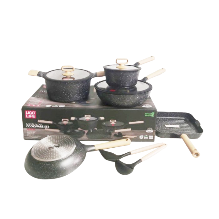 UCC Life 10 Piece Nonstick Cookware Set with Induction Base | Granite & Cream Color Options | Durable & Easy-to-Clean