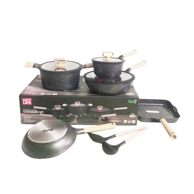 UCC Life 10 Piece Nonstick Cookware Set with Induction Base | Granite & Cream Color Options | Durable & Easy-to-Clean