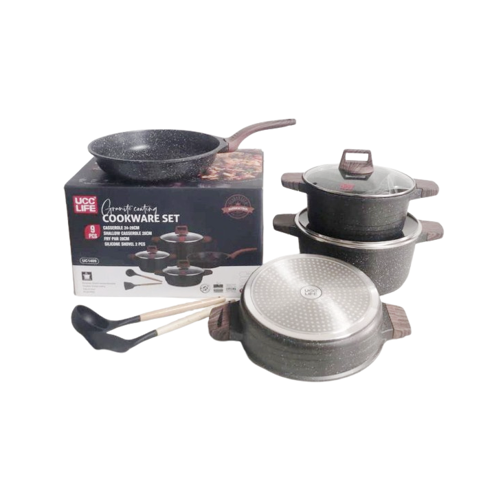 UCC Life 9 Piece PFOA Free NonStick Cookware Set | Induction Base | Casserole & Frying Pans with Heat-Resistant Handles
