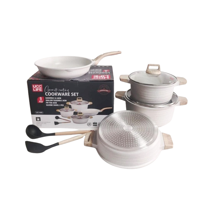 UCC Life 9 Piece PFOA Free NonStick Cookware Set | Induction Base | Casserole & Frying Pans with Heat-Resistant Handles