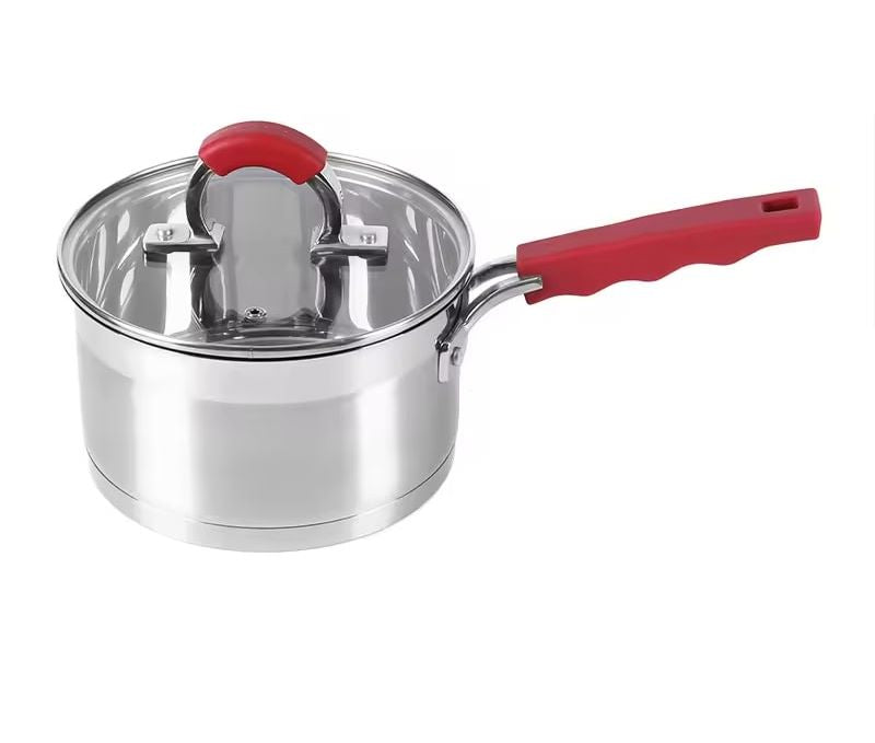 Redberry 4 Piece Stainless Steel Pot Set with Lids | Non Slip Red Ergonomic Handles & Clear Lids | Versatile Cookware