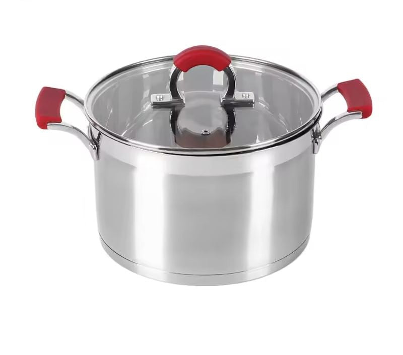 Redberry 4 Piece Stainless Steel Pot Set with Lids | Non Slip Red Ergonomic Handles & Clear Lids | Versatile Cookware