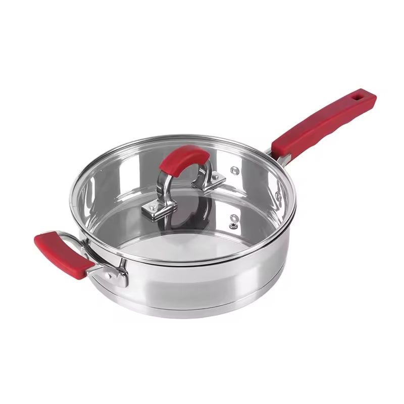 Redberry 4 Piece Stainless Steel Pot Set with Lids | Non Slip Red Ergonomic Handles & Clear Lids | Versatile Cookware
