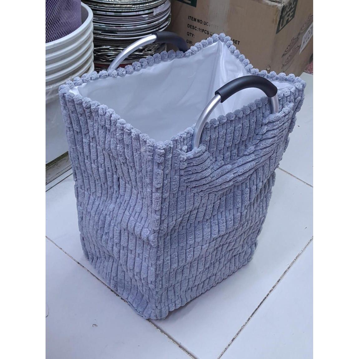 Velvet Corduroy Laundry Basket – White and Grey
