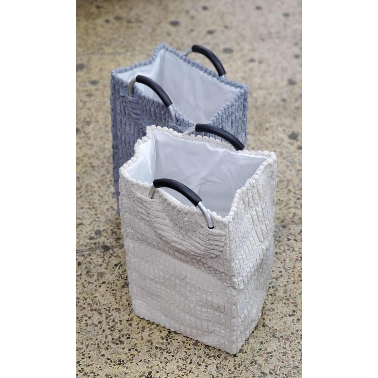 Velvet Corduroy Laundry Basket – White and Grey