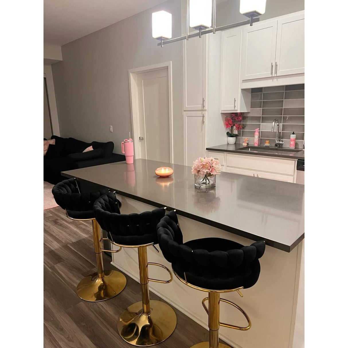 Velvet Swivel Bar Chair with Backrest – Height Adjustable, Gold Legs | Modern Bar Stool